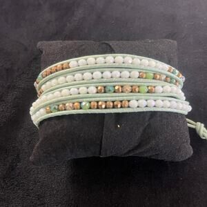 Club Monaco Beaded Wrap Bracelet  Mint Green, Gold & White Beads. Adjustable